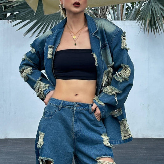 Oversized Ripped Lapel Jean Jacket with Matching Ripped Pants