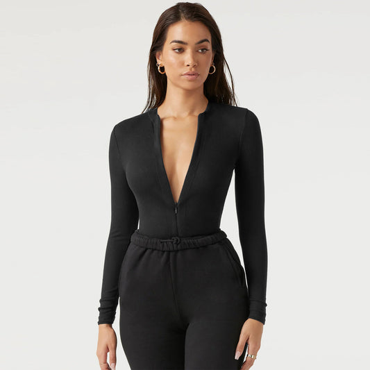 V-Neck Long Sleeved Zip-Up Jumpsuit - Black