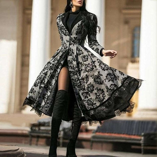 Lace Stitching Long Skirt Jacket - Black