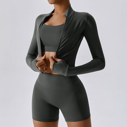 Long Sleeved Workout Jacket with Top and Shorts Activewear Set - Grey