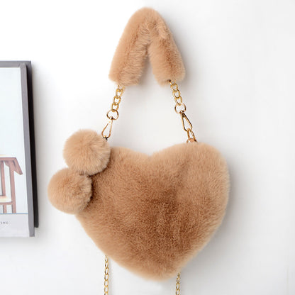 Soft Plush Heart Shaped Handbag with Two Fluffy Pom-Poms - Brown
