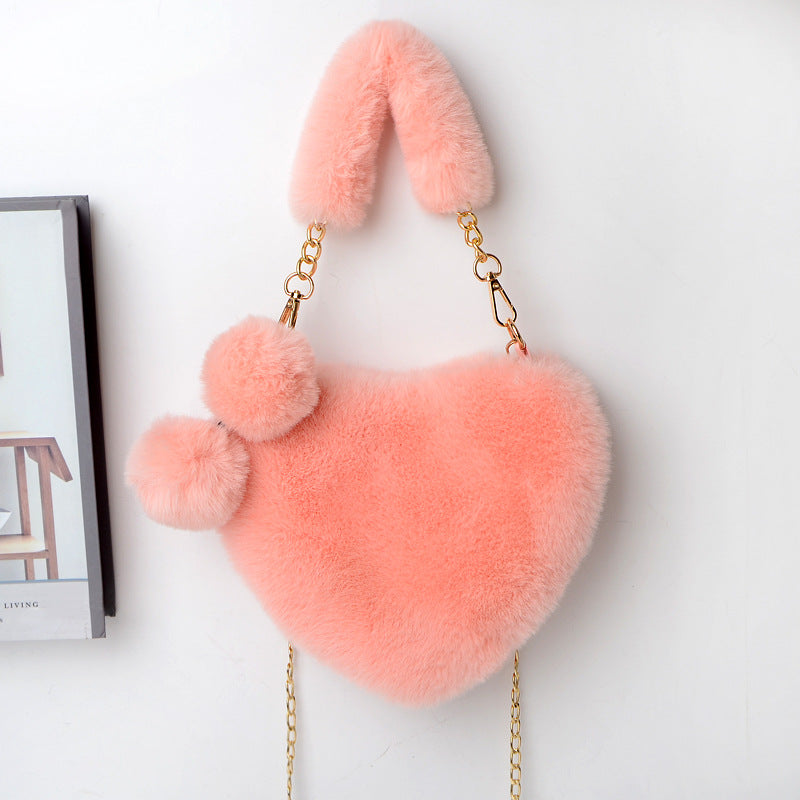 Soft Plush Heart Shaped Handbag with Two Fluffy Pom-Poms - Flamingo