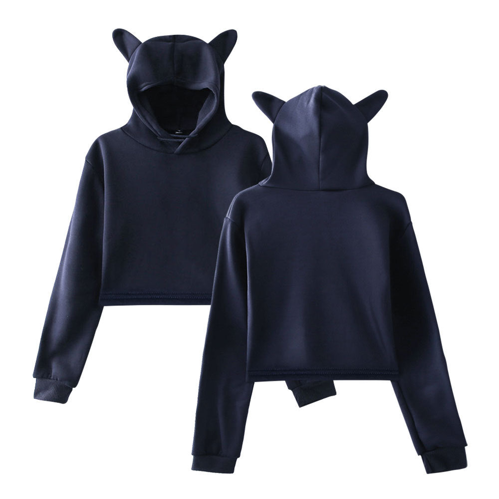 Cropped Long Sleeved Pull-Over Hoodie with Cat Ears