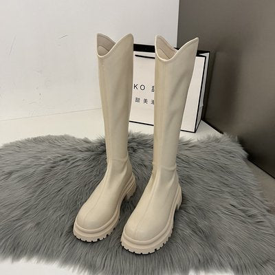 Thick Knee High Faux Leather Boots - Beige