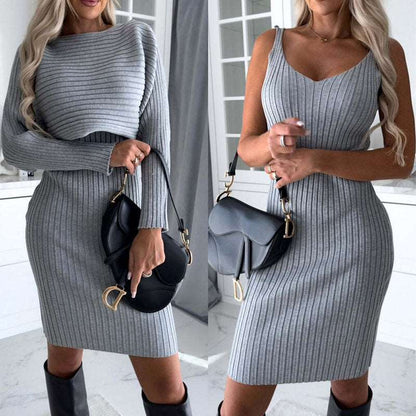 2pcs Long Sleeveless Dress with Cropped Sweater Cover -