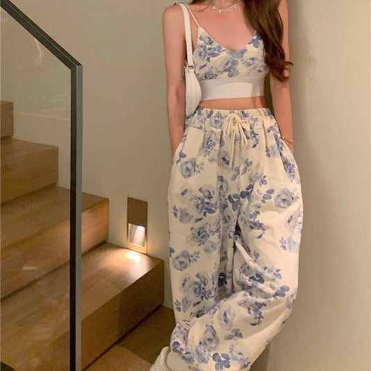 Women's Floral Wide-Leg Pants and Thin Strapped Cropped Top Set - Suit