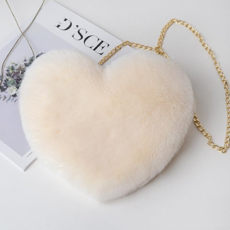 Large Capacity Heart Plush Bag with Chain Strap - Cream