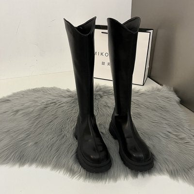 Thick Knee High Faux Leather Boots - Black