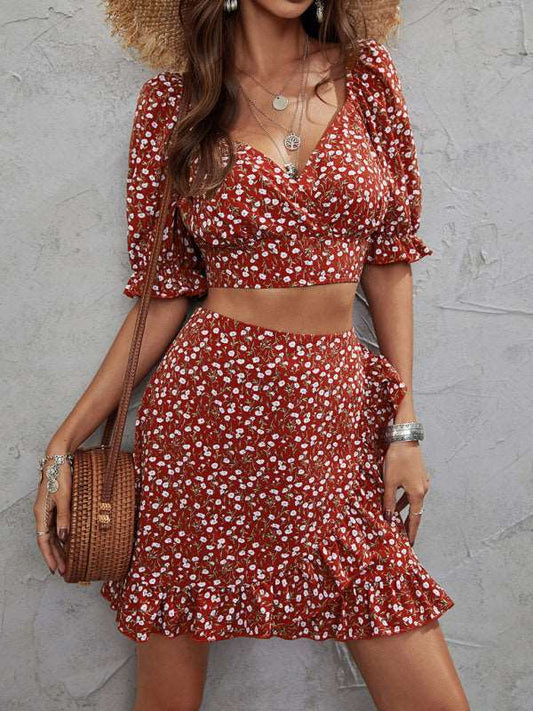 Floral Print V-Neck Waist Top + Skirt Two-Piece Set - Red
