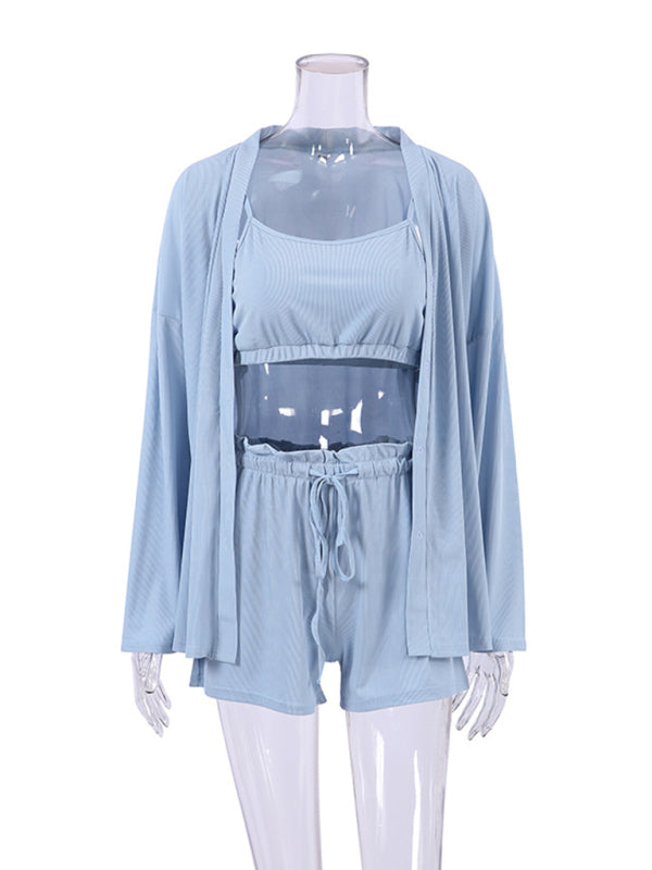 Short Three-Piece Loungewear Set with Shorts, Cardigan and Crop Top