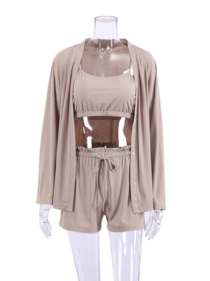 Short Three-Piece Loungewear Set with Shorts, Cardigan and Crop Top