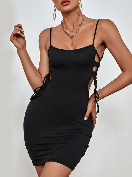 Fitted Black Square Neck Dress with Tied Ribs Design