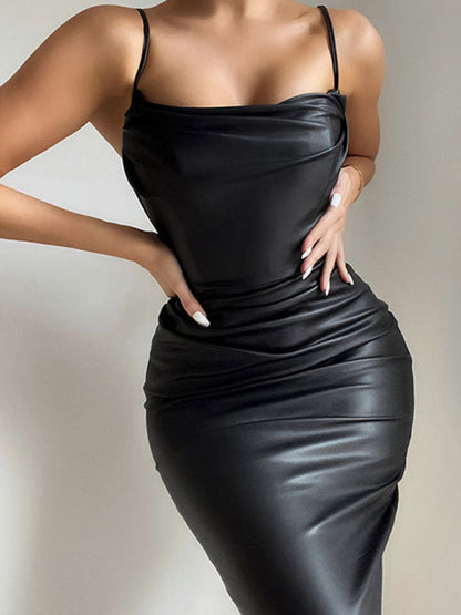 Pleated PU Leather Body Con Dress with Corset Design