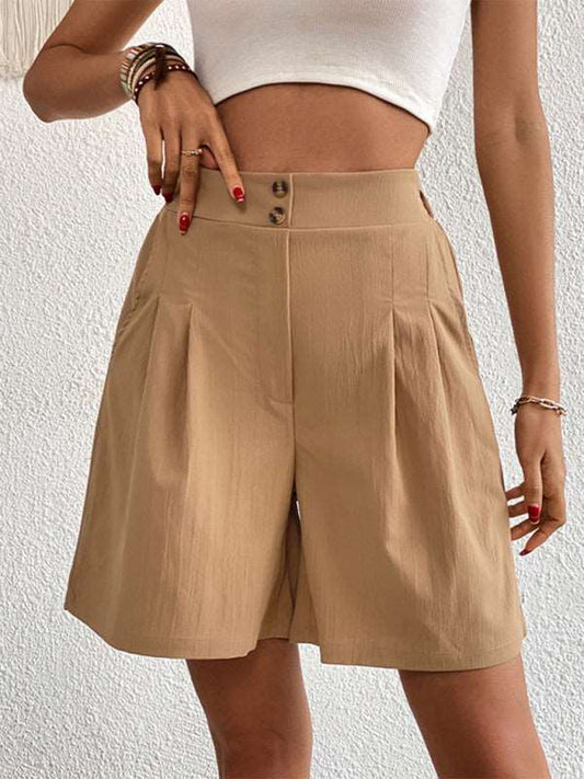 Women’s Pleated High Waist Linen Shorts - Tan