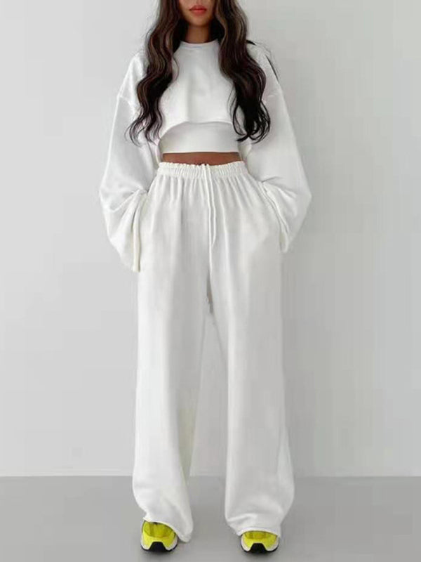 Fleece Pullover Long-Sleeved Navel Sweater with Straight Wide-Leg Pants Three Piece Clothing Set