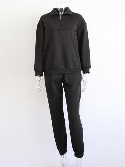 Long Sleeve Stand-Up Collar Hoodie with Half Zipper and Matching Sweat Pants Set