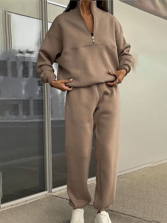 Long Sleeve Stand-Up Collar Hoodie with Half Zipper and Matching Sweat Pants Set