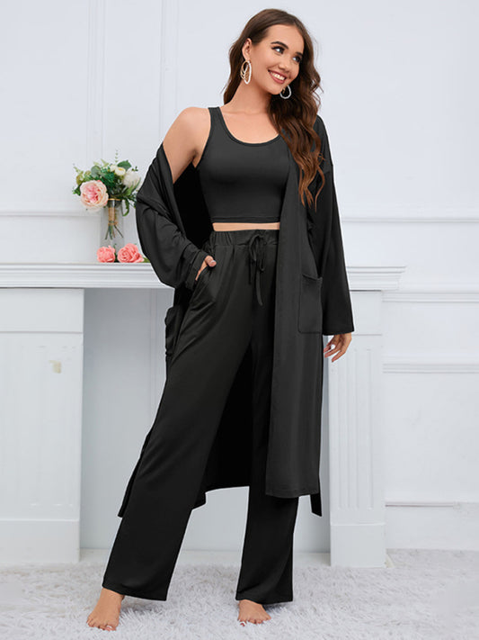 Lightweight Matching Knitted Three-Piece Loungewear Set with Crop Top, Cardigan & Pants