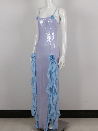 Long Sequined Mermaid Aesthetic Dress with Two Ruffled Leg Cutouts
