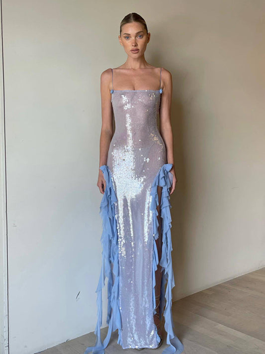 Long Sequined Mermaid Aesthetic Dress with Two Ruffled Leg Cutouts