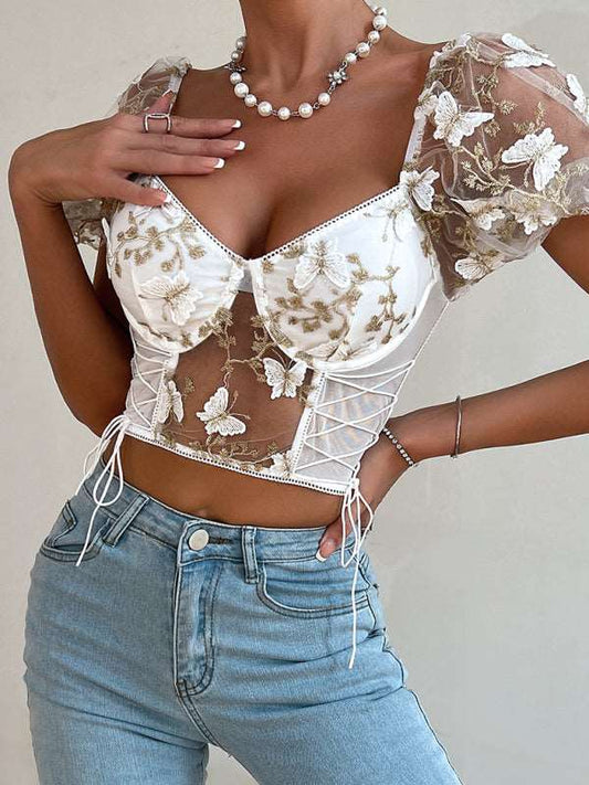 Navel Cropped Top with Floral Butterfly Design and Puff Sleeves - White