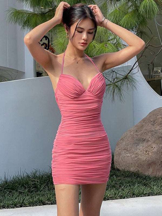 Pleated Halter Midi Dress with Thin Straps - Pink