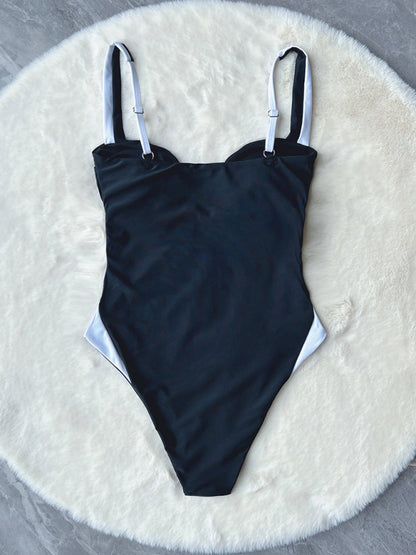 Backless One-Piece Black and White Swimsuit