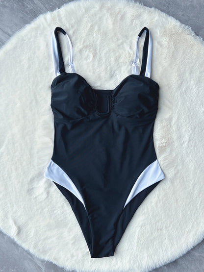 Backless One-Piece Black and White Swimsuit
