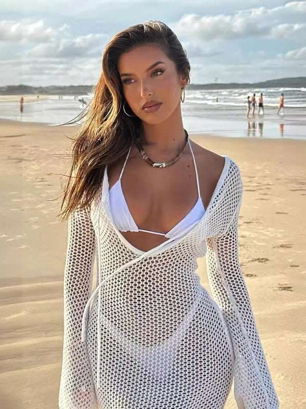 Long Knitted Hollow Swimsuit Cover-Up Dress