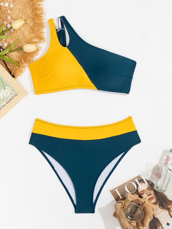 Yellow and Green Two-Piece One Shoulder Swimsuit