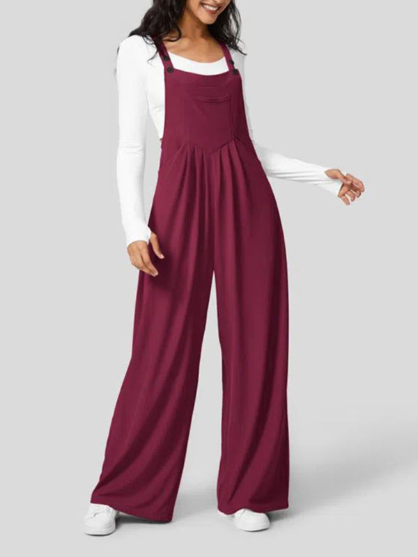 Oversized Long Wide-Leg Overalls with Buttons On The Shoulders