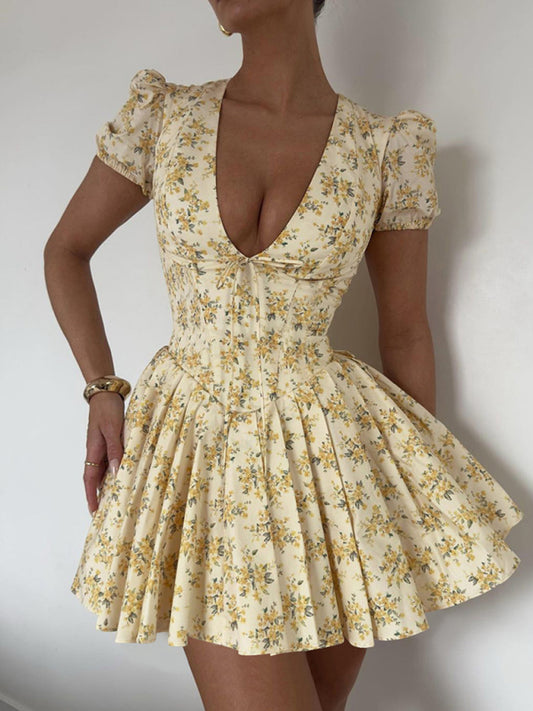 Fitted Deep V Pleated Dress with Floral Pattern