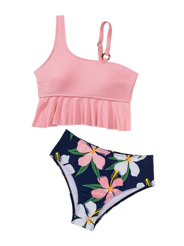 High-Waist Ruffled Two-Piece Swimsuit with Flower Design