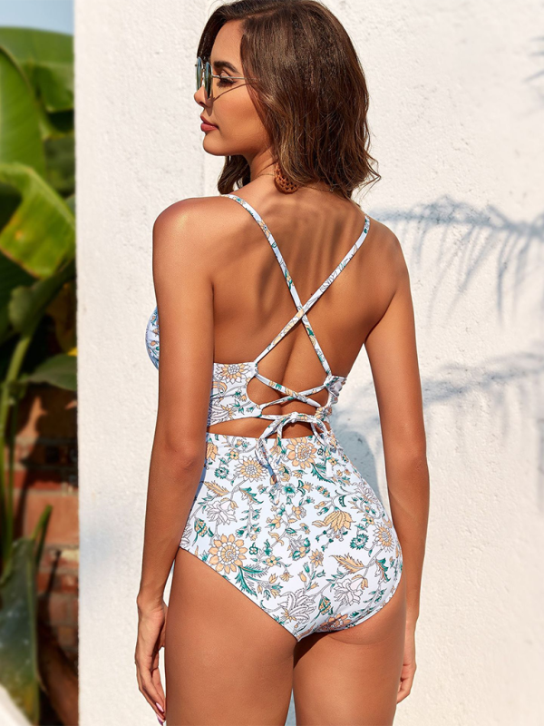 Thin Strapped Floral Printed One-Piece Swimsuit (Shawl NOT Included)