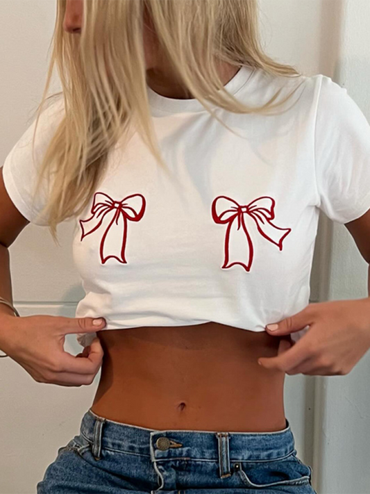Printed Crew Neck Red Bow Crop Top