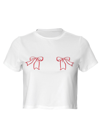 Printed Crew Neck Red Bow Crop Top