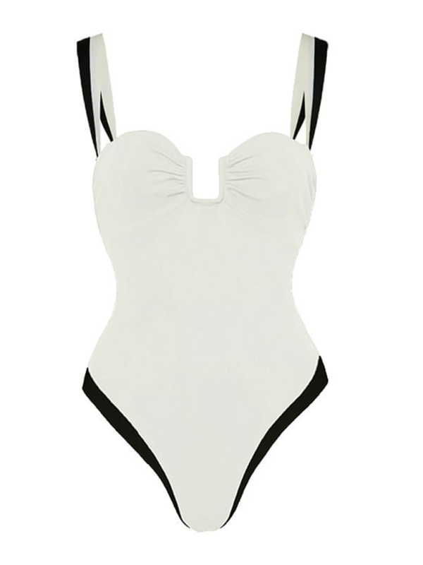 Simple White and Black One-Piece Swimsuit with Square Wire Cutout