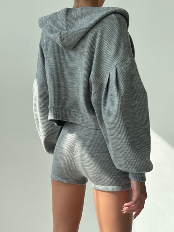 Cropped Hooded Zip-Up Hoodie + V-Neck Triangle Cup Bralette + High Waist Shorts Three Piece Lounge Wear Set