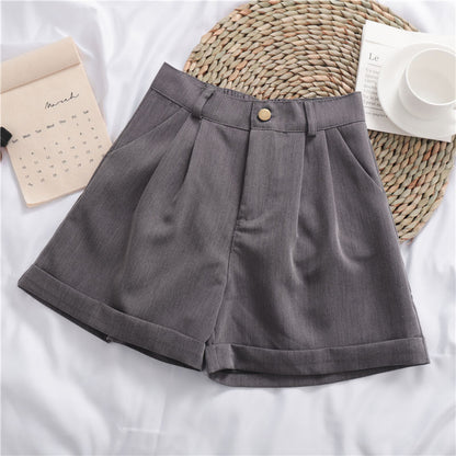 Women's Solid Color All-match Roll-up Wide-leg Casual Shorts - Gray