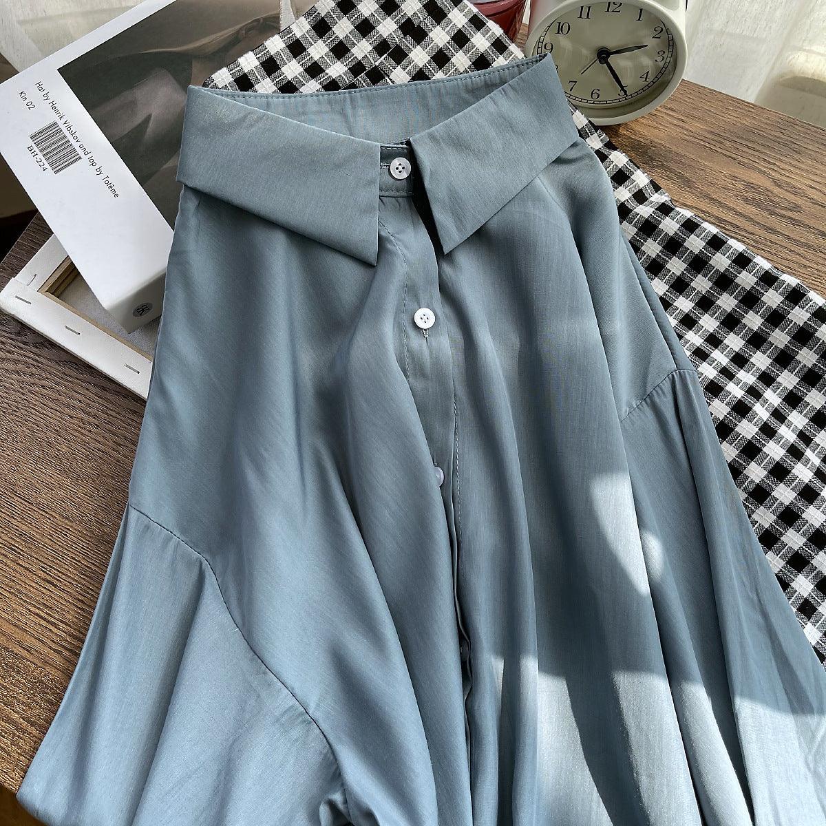 Women's Solid Color Button Down Shirt with Long Sleeves - Blue grey One size