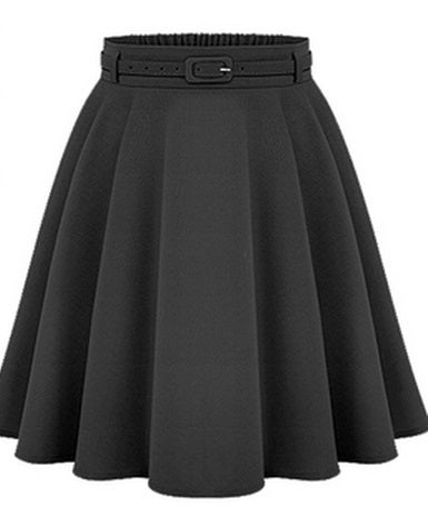Women's Solid Color A-Line Skirt with Belt - Black