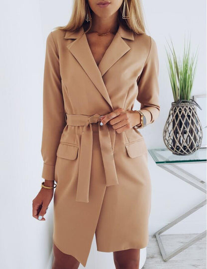 Women's Slim Blazer with Strap and Pockets - Brown