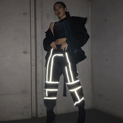 Two-Toned Color Reflective Top and Bottoms Set - Black Pants