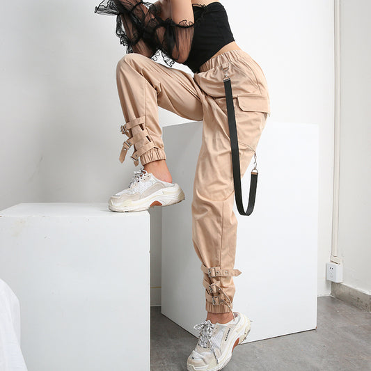 Women's High Waist Cargo Overalls Hip-Hop Pants - Tan