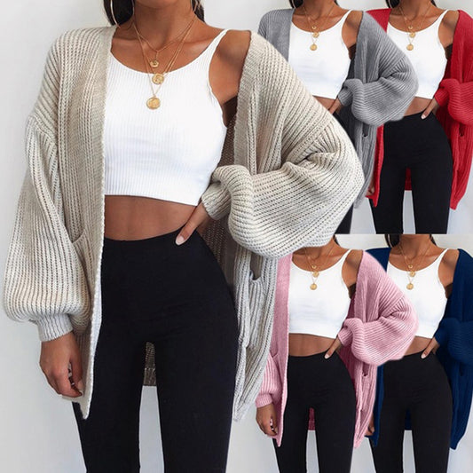 Loose Solid Color Mid-Length Sweater Cardigan -