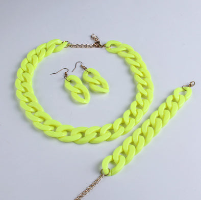 Acrylic Solid Color Chain Bracelet, Earring, and Necklace Jewelry Set - Neon Yellow