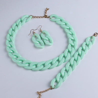 Acrylic Solid Color Chain Bracelet, Earring, and Necklace Jewelry Set - Mint