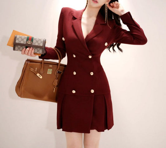Women's Long Solid Color Double-Breasted Blazer -