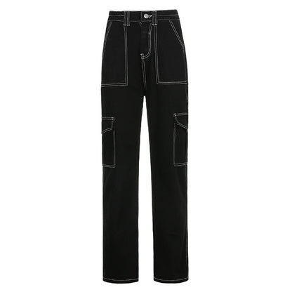 Women's Highlighted Retro Topstitched Big Pocket Black Straight High-Rise Jeans - black