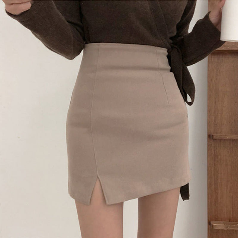 Women's Woolen Slit High Waist Bag Hip Skirt -